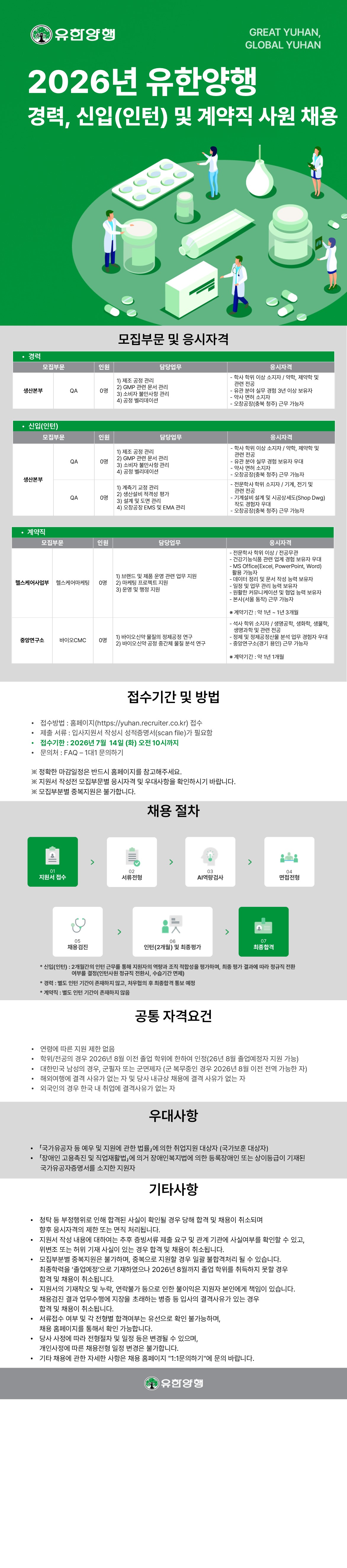 유한양행 2026년 유한양행 경력, 신입(인턴) 및 계약직 사원 채용 채용공고